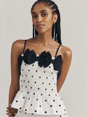 NWT retail $115 #DamsonMadder. White Polka Dot Smocked Tank with Black Bow Trim